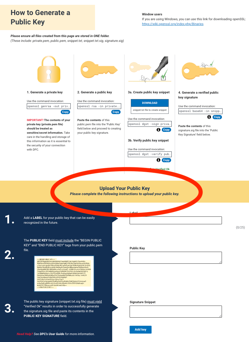 Screenshot of Upload Your Public Key section in sandbox