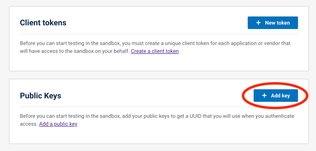 Screenshot of Add Key button location on sandbox dashboard