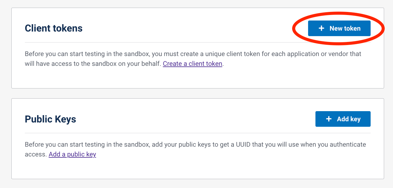 Screenshot of New Token button location on sandbox dashboard