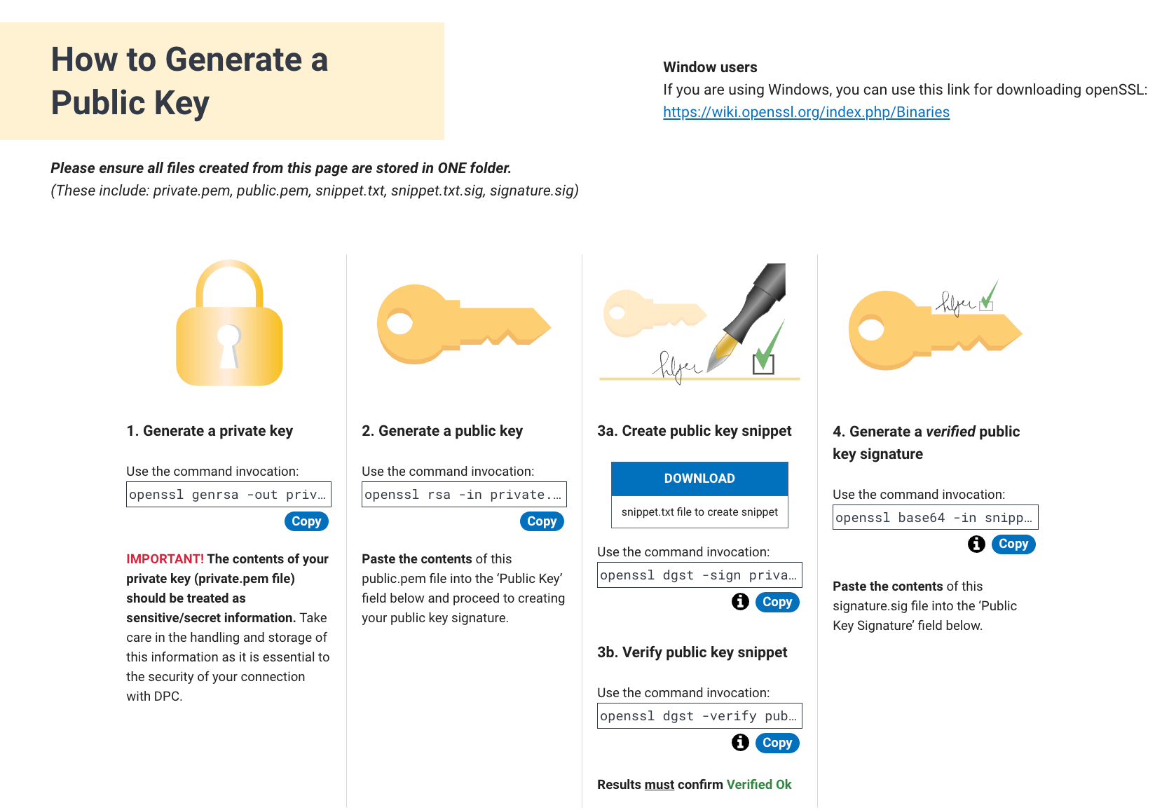 Screenshot steps for generating public, private, and key signature in sandbox